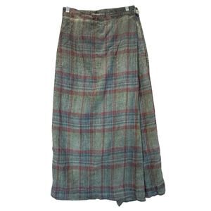 Massimo Alba Linen Midi Skirt Tartan Plaid Faux Wrap Front Pleat Green Blue Red